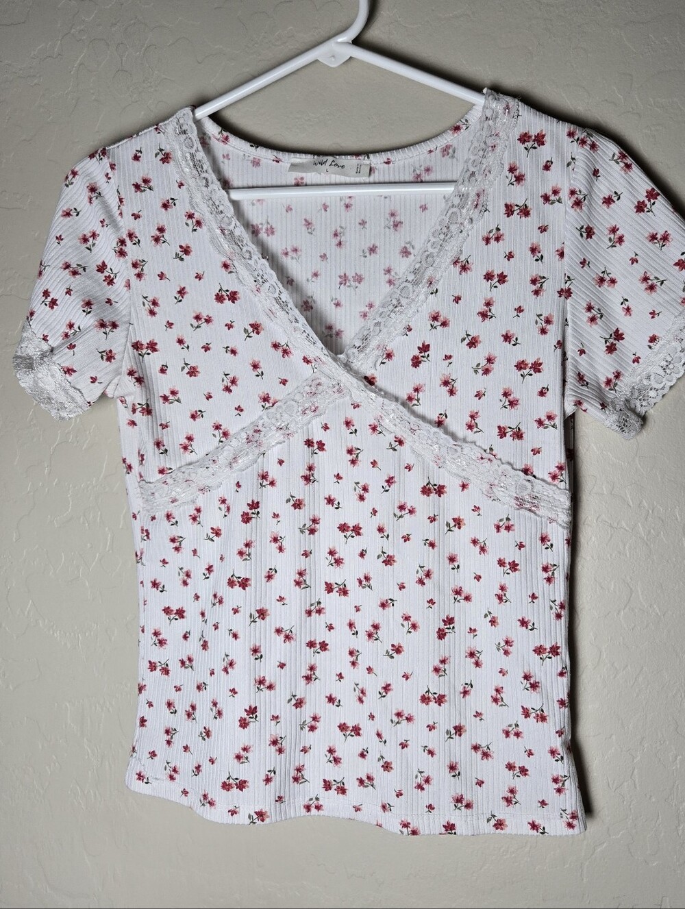 Coquette Babydoll Tee Size L Pink Floral Lace Trim Cottagecore Romantic Dainty
